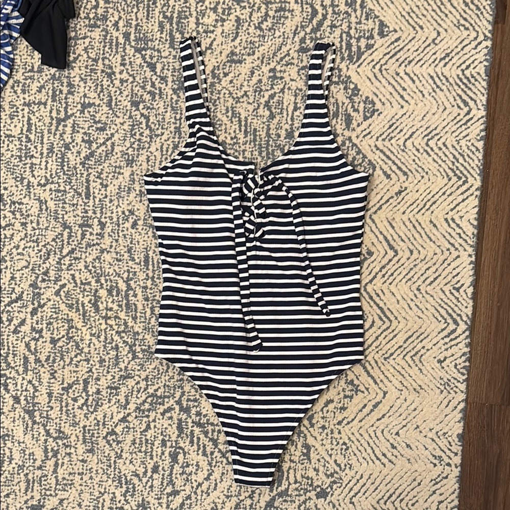 Aerie Striped Lace Up Onepiece Swimsuit Large Navy/White